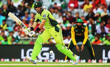 Misbah-ul-Haq of Pakistan works the ball away for a single during the 2015 ICC Cricket World Cup match between South Africa and Pakistan at Eden Park on March 7, 2015 in Auckland, New Zealand. (Getty Images)