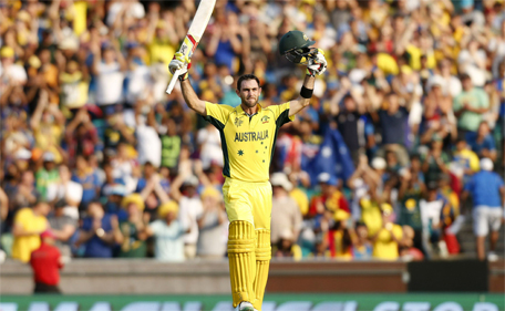 Australia's Glenn Maxwell celebrates reaching his century during their Cricket World Cup match against Sri Lanka in Sydney, March 8, 2015. (Reuters)
