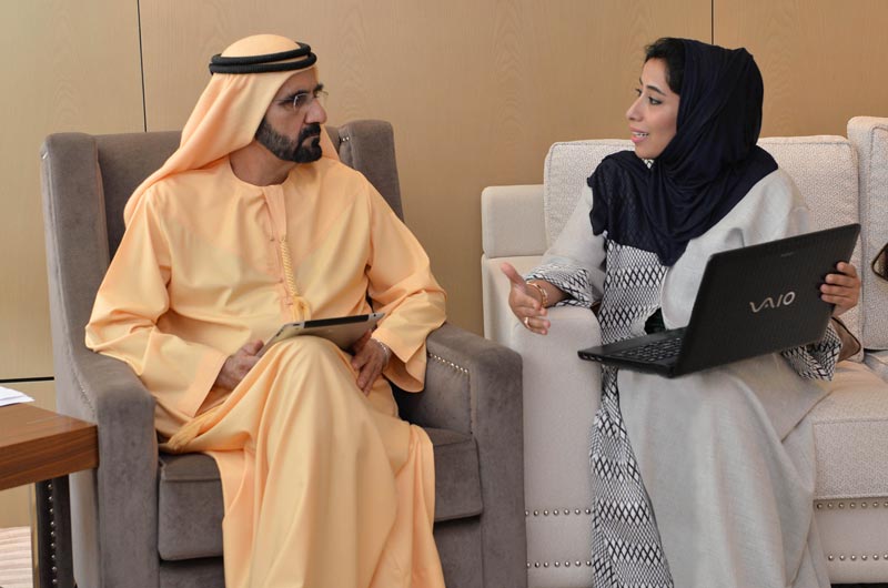 Sheikh Mohammed bin Rashid with Director-General of the Government of Dubai Media Office Mona Al Marri when he visited GDMO on Sunday. (Wam)