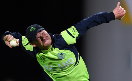 Ireland cricketer William Porterfield celebrates after their win at the Bellerive Oval ground during the 2015 Cricket World Cup Pool B match between Ireland and Zimbabwe in Hobart on March 7, 2015. (AFP)