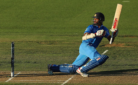 Shikhar Dhawan of India plays the ball away for four runs during the 2015 ICC Cricket World Cup match between Ireland and India at Seddon Park on March 10, 2015 in Hamilton, New Zealand. (Getty Images)
