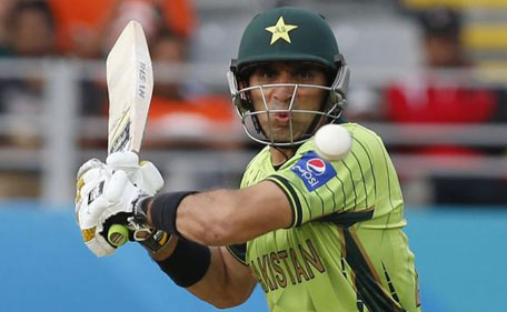 Pakistan's Misbah Ul Haq lines up the ball during their Cricket World Cup match against South Africa in Auckland March 7, 2015. (Reuters)