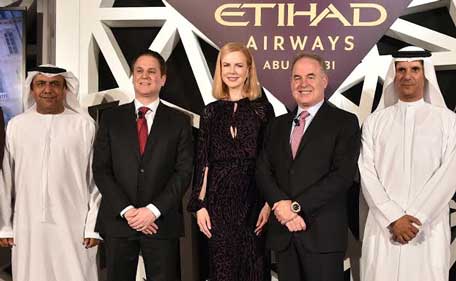 (left to right all Etihad Airways) Hasan A. Saleh Al Hammadi, Senior Vice President Executive Affairs; Peter Baumgartner, Chief Commercial Officer; Nicole Kidman; James Hogan, President and Chief Executive Officer; Khaled Almehairbi, Senior Vice President Government and Aeropolitical Affairs. (Supplied)