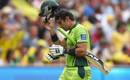 Misbah-ul-Haq of Pakistan looks dejected after being dismissed by Josh Hazlewood of Australia during the 2015 ICC Cricket World Cup match between Australian and Pakistan at Adelaide Oval on March 20, 2015 in Adelaide, Australia. (Getty)