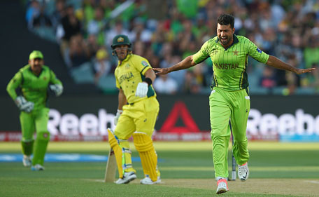 Sohail Khan of Pakistan celebrates after taking the wicket of Aaron Finch of Australia during the 2015 ICC Cricket World Cup match between Australian and Pakistan at Adelaide Oval on March 20, 2015 in Adelaide, Australia. (Getty)