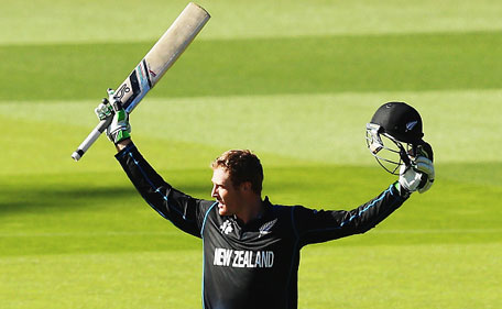 Martin Guptill of New Zealand celebrates after scoring a century during the 2015 ICC Cricket World Cup match between New Zealand and the West Indies at Wellington Regional Stadium on March 21, 2015 in Wellington, New Zealand. (Getty)