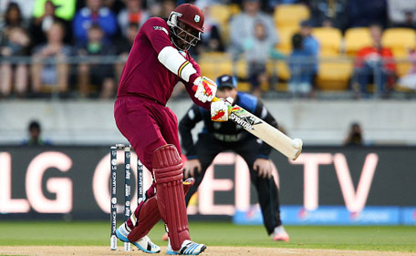 Chris Gayle of the West Indies bats during the 2015 ICC Cricket World Cup match between New Zealand and the West Indies at Wellington Regional Stadium on March 21, 2015 in Wellington, New Zealand. (Getty Images)