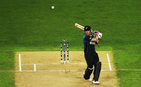 Brendon McCullum of New Zealand pulls the ball away for six runs during the 2015 Cricket World Cup Semi Final match between New Zealand and South Africa at Eden Park on March 24, 2015 in Auckland, New Zealand. (Getty)