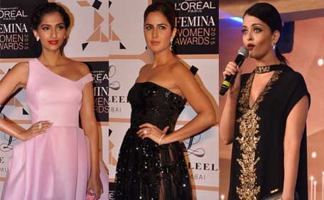 L'oreal brand ambassadors, Sonam Kapoor (L), Katrina Kaif (C) and Aishwarya Rai attend Femina x L'oreal Women of Worth Awards 2015 held in Mumbai. (Sanskriti Media Entertainment)