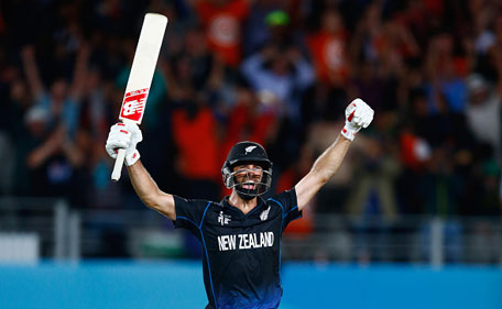 Grant Elliott of New Zealand celebrates hitting the winning runs during the 2015 Cricket World Cup Semi Final match between New Zealand and South Africa at Eden Park on March 24, 2015 in Auckland, New Zealand. (Getty Images)
