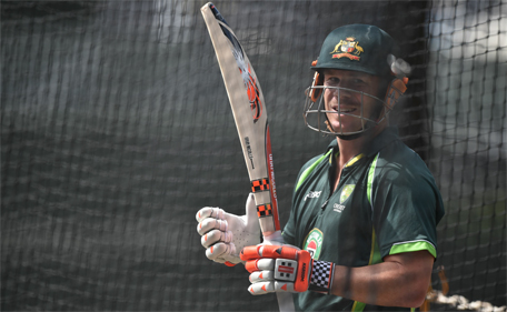Australia's David Warner bats in the nets during a training session at the Sydney Cricket Ground on March 25, 2015 ahead of their Cricket World Cup semi-final match against India on March 26.  (AFP)