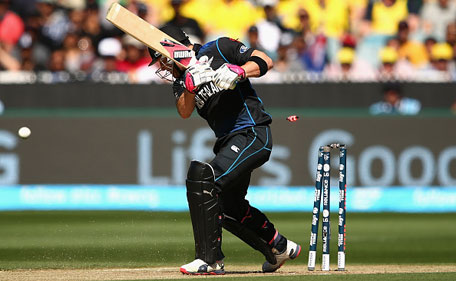 Brendon McCullum of New Zealand is bowled out by Mitchell Starc of Australia during the 2015 ICC Cricket World Cup final match between Australia and New Zealand at Melbourne Cricket Ground on March 29, 2015 in Melbourne, Australia. (Getty)
