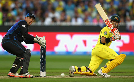 David Warner of Australia bats as Luke Ronchi of New Zealand keeps wicket during the 2015 ICC Cricket World Cup final match between Australia and New Zealand at Melbourne Cricket Ground on March 29, 2015 in Melbourne, Australia. (Getty)