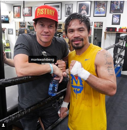 mannypacquiao @ Instagram: Thank you Mark Wahlberg for coming to visit me and supporting me at training in preparation for May 2nd.