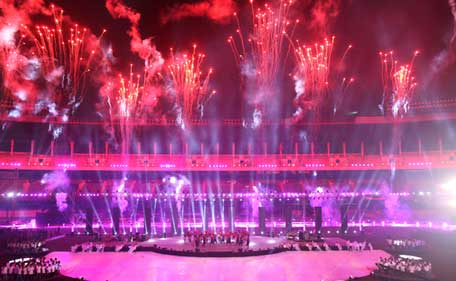 Fireworks during the Pepsi IPL 2015 opening night event held at the Salt Lake Stadium in Kolkata, India on the 7th April 2015. (Supplied)