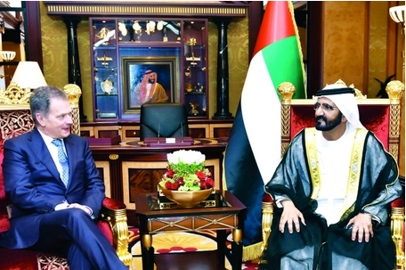 His Highness Sheikh Mohammed bin Rashid Al Maktoum, Vice-President and Prime Minister of the UAE and Ruler of Dubai, on Saturday received President of Finland, Sauli Niinisto, and his accompanying delegation at Zabeel Palace. (Al Bayan)