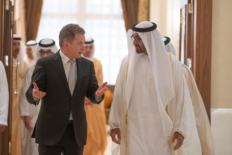 General Sheikh Mohamed bin Zayed Al Nahyan, Crown Prince of Abu Dhabi and Deputy Supreme Commander of the UAE Armed Forces, with Sauli Niinisto, President of Finland, at Mushrif Palace in Abu Dhabi on Sunday. (Wam)