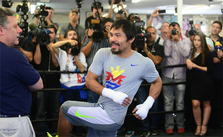Manny Pacquiao trains for his upcoming fight at the Wild Card Boxing Club in Hollywood, California on April 15, 2015. (AFP)