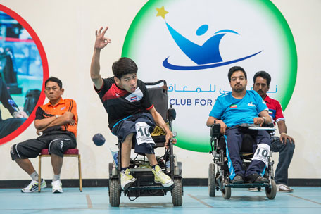 Pattaya Tadtong from Thailand throwing the ball during his match against Kuwait at the 2nd Fazza International Boccia Competition at the Dubai Club for the Disabled. (Supplied)