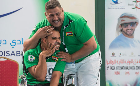 Mohamed Fadhel Jiad of Iraq is overjoyed after winning the BC1 bronze medal at the 2nd Fazza International Boccia Competition after the podium ceremony. (Supplied)