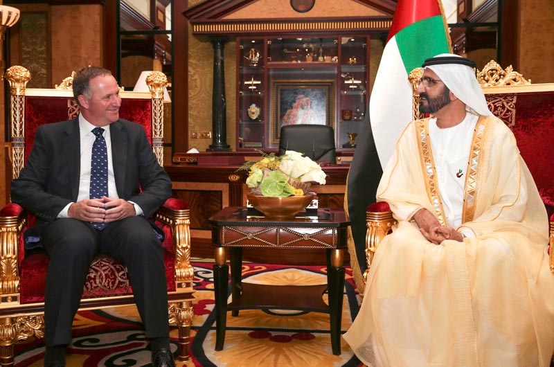 Sheikh Mohammed bin Rashid Al Maktoum with New Zealand Prime Minister John Key in Dubai on Sunday. (Wam)