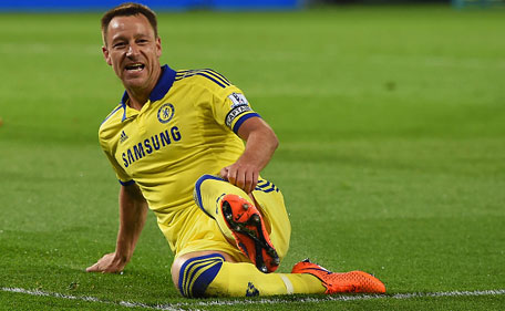 John Terry of Chelsea celebrates scoring their second goal during the Barclays Premier League match between Leicester City and Chelsea at The King Power Stadium on April 29, 2015 in Leicester, England. (Getty Images)