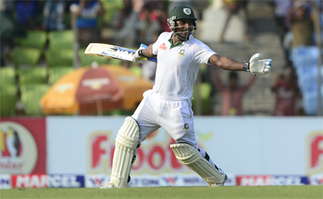 Bangladesh batsman Imrul Kayes celebrates scoring a century during the fourth day of the first cricket Test match between Bangladesh and Pakistan at The Sheikh Abu Naser Stadium in Khulna on May 1, 2015.  (AFP)
