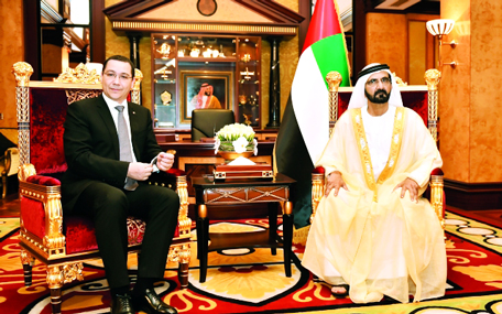 His Highness Sheikh Mohammed bin Rashid Al Maktoum, Vice-President and Prime Minister of the UAE and Ruler of Dubai received the visiting Prime Minister of Romania, Victor Ponta, at the Zabeel Palace on Monday.