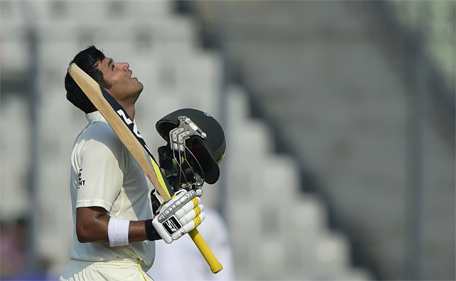 Pakistan batsman Azhar Ali reacts after scoring a century during the first day of the second cricket Test match between Bangladesh and Pakistan at The Sher-e-Bangla National Cricket Stadium in Dhaka on May 6, 2015. (AFP)
