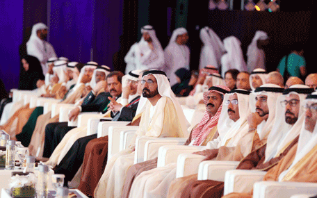 Sheikh Mohammed bin Rashid Al Maktoum attends the opening session of the Fourth International Conference on the Arabic Language in Dubai on Thursday. (Wam)