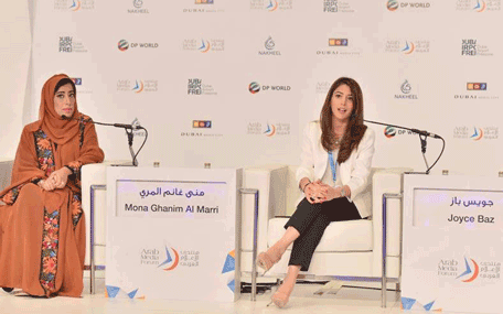 Mona Al Marri, Chairperson of the Organising Committee of the Arab Media Forum and President of Dubai Press Club, and Joyce Baz, Head of Communication for Google in Mena, at the 14th edition of Arab Media Forum in Dubai on Wednesday. (Wam)