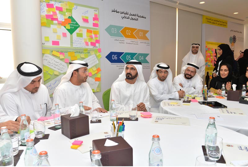 Sheikh Mohammed bin Rashid Al Maktoum attended a brainstorming session attended by 100 deputies, director-generals and officials of smart government services, to discuss the most important ideas for the development of smart government services. (Wam)