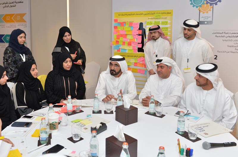 Sheikh Mohammed bin Rashid Al Maktoum attended a brainstorming session attended by 100 deputies, director-generals and officials of smart government services, to discuss the most important ideas for the development of smart government services. (Wam)
