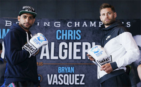 Chris Algieri and Amir Khan pose after the press conference at Barclays Center, Brooklyn, New York City, United States of America - 27/5/15. (Action Images via Reuters)