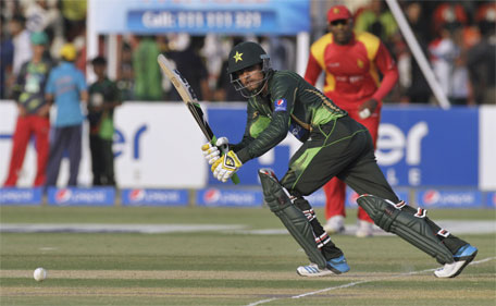 Pakistan's Baber Azam plays a shot during third one-day international match against Zimbabwe at Gaddafi Stadium in Lahore, Pakistan, Sunday, May 31, 2015. (AP)