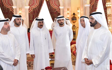 Sheikh Mohammed bin Rashid Al Maktoum mets the new Board of Directors of the Dubai Chamber of Commerce and Industry (DCCI) at Zabeel Palace in Dubai on Wednesday. (Wam)