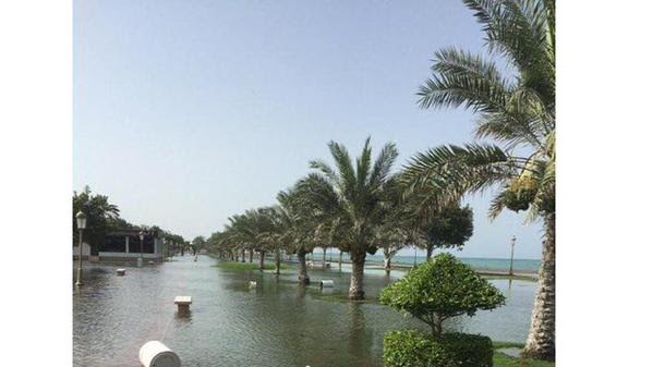 Waterlogging in Fujairah, which authorities are attributing to Ashobaa. (Image tweeted by Fujairah Marina Club)