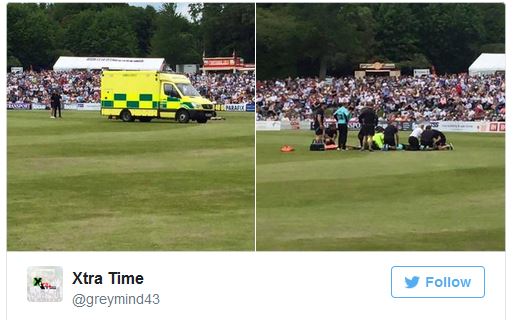 Surrey duo Moises Henriques, from Australia, and Rory Burns were injured while going for a catch during a Twenty20 match against Sussex in front of 8,500 spectators. (Twitter)