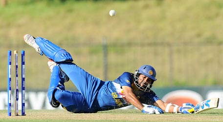 Sri Lankan cricketer Tillakaratne Dilshan run out during the fifth and final one day international (ODI) cricket match between Sri Lanka and Pakistan at the Suriyawewa Mahinda Rajapakse International Cricket Stadium in the southern district of Hambantota on July 26, 2015. AFP