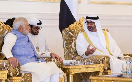 Sheikh Mohamed bin Zayed Al Nahyan and Narendra Modi hold talks in Abu Dhabi on Sunday (Wam)