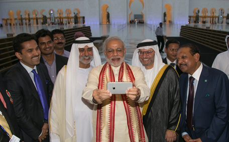 Indian Prime Minister Narendra Modi taking a selfie with Sheikh Nahyan bin Mubarak Al Nahyan, Minister of Culture, Youth and Community Development and Dr. Anwar bin Mohammed Gargash, Minister of State for Foreign Affairs. (Supplied)