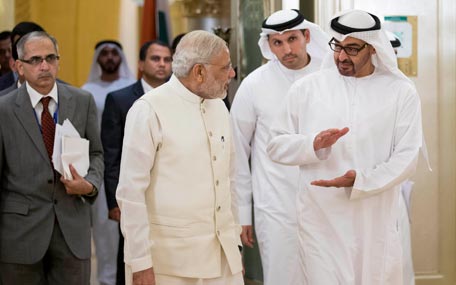 Sheikh Mohamed bin Zayed Al Nahyan, speaks with Narendra Modi, Prime Minister of India, after a meeting at Emirates Palace in Abu Dhabi on Monday. (Wam)