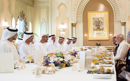 Sheikh Mohamed bin Zayed Al Nahyan, hosts a luncheon reception with Narendra Modi, Prime Minister of India, at Emirates Palace in Abu Dhabi on Monday. (Wam)