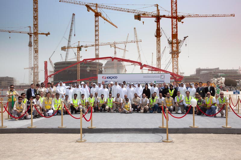 Enec and Kepco employees celebrate concrete pouring for Unit 4 at Barakah Nuclear Power Plant. (Supplied)