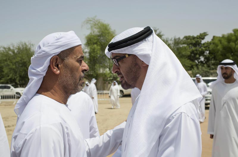 Sheikh Mohamed bin Zayed Al Nahyan, Crown Prince of Abu Dhabi and Deputy Supreme Commander of the UAE Armed Forces, offers condolences to the family of martyr Waleed Mohamed Ali Al Yasi who fell in the line of duty while serving in Operation Restoring Hope in Yemen, in Sharjah on Sunday. (Wam)