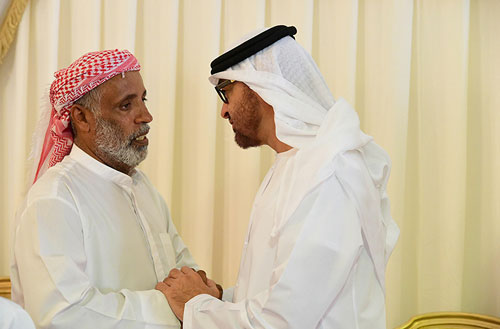 Sheikh Mohamed bin Zayed Al Nahyan offers condolences to the family of martyr Saeed Al Suraidy who passed away while serving the UAE Armed Forces in Yemen (Wam)