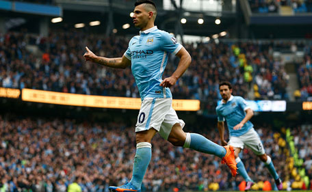 Sergio Aguero of Manchester City celebrates scoring his team's third and hat trick goal during the Barclays Premier League match between Manchester City and Newcastle United at Etihad Stadium on October 3, 2015 in Manchester, United Kingdom. (Getty)