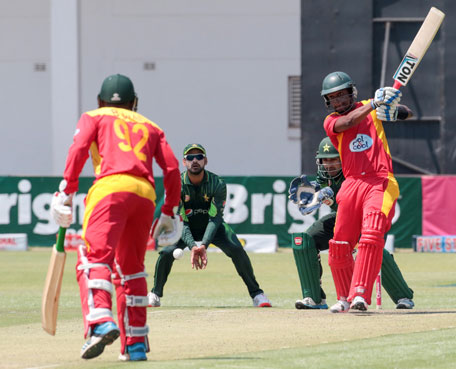 Zimbabwe batsman Chamunorwa Chibhabha hits the ball during the series of three ODI cricket matches between Pakistan and host Zimbabwe. (AFP)