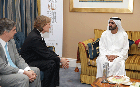 His Highness Sheikh Mohammed bin Rashid Al Maktoum receives the Chairman of the Board of Directors of Thomson Reuters, David Thomson (Wam)
