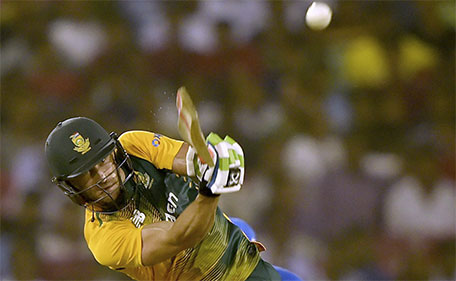South Africa's Faf du Plessis plays a shot  during their second Twenty20 cricket match against India in Cuttack, India, Monday, Oct. 5, 2015. (AP)
